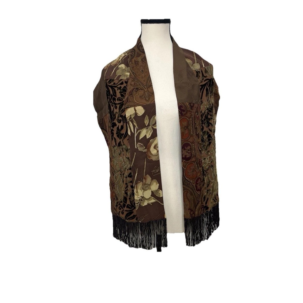 Susan Daniels Patchwork Shawl Wrap Brown Floral Paisley Burnout Velvet Fringe